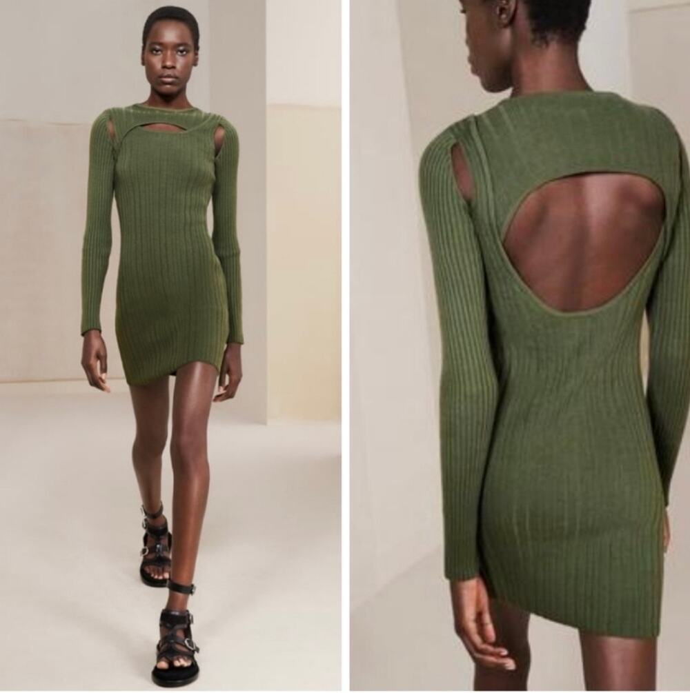 Zara SRPLS Cut Out Ribbed Knit Mini Dress Olive Green Size M Made in Italy